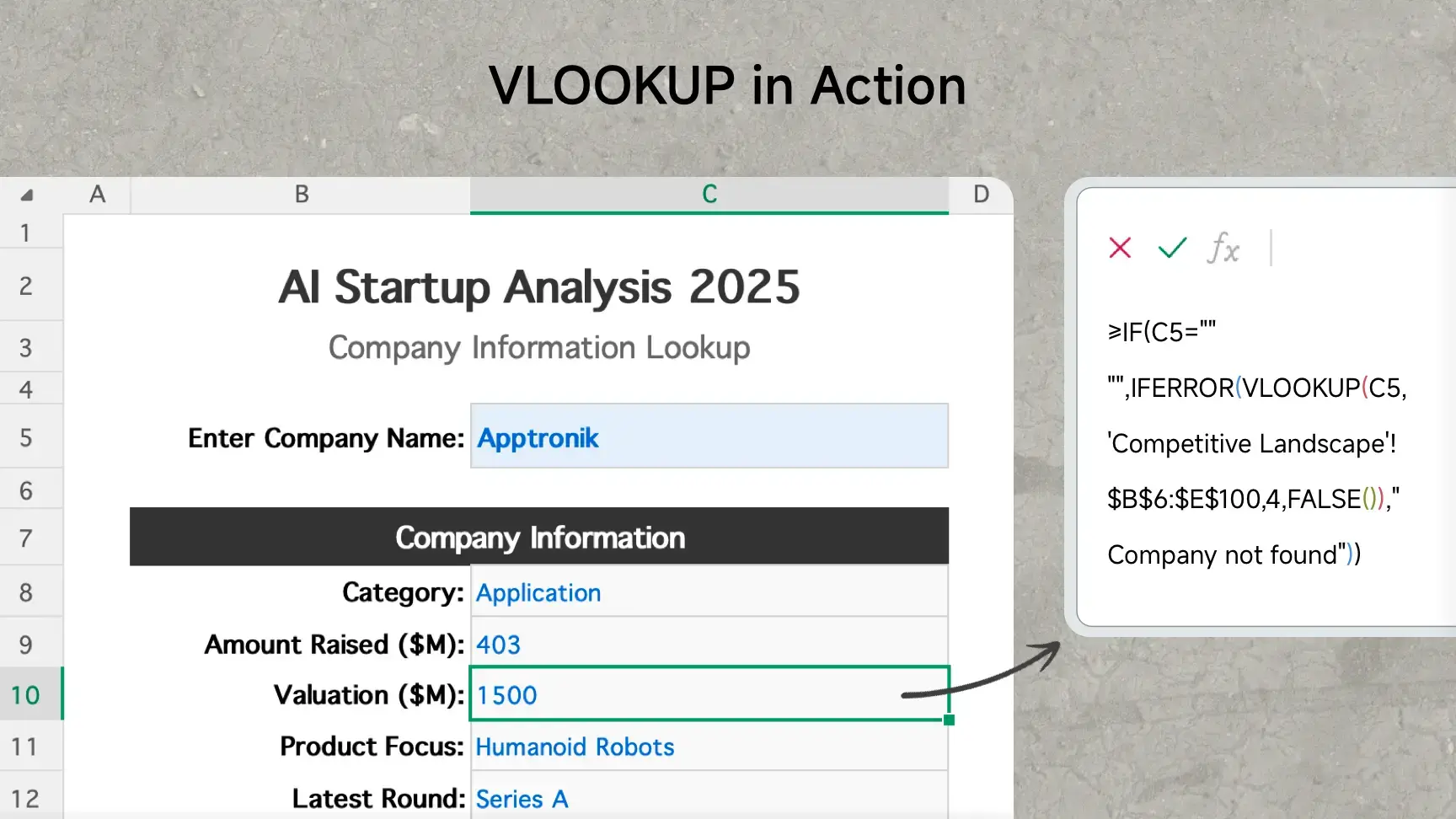 AI Excel agent and formula generator demonstrating automated VLOOKUP