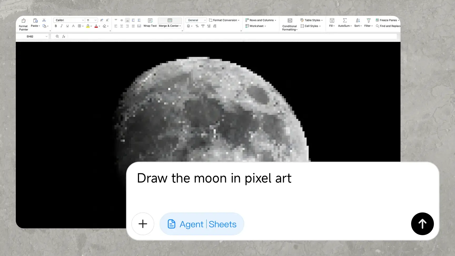 Creative pixel art drawing of the moon within an AI spreadsheet