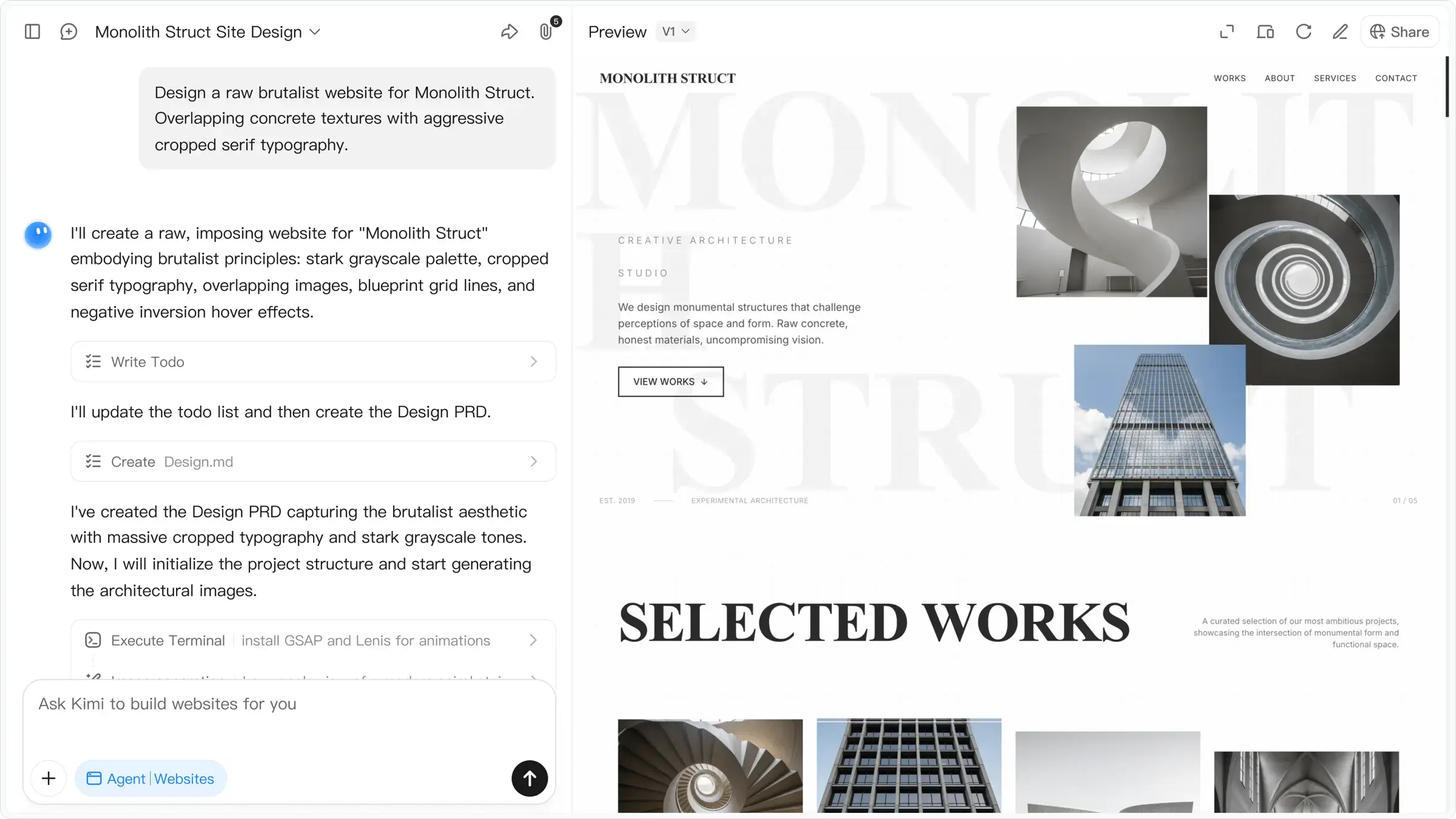 Kimi K2.5 building deployable websites with AI
