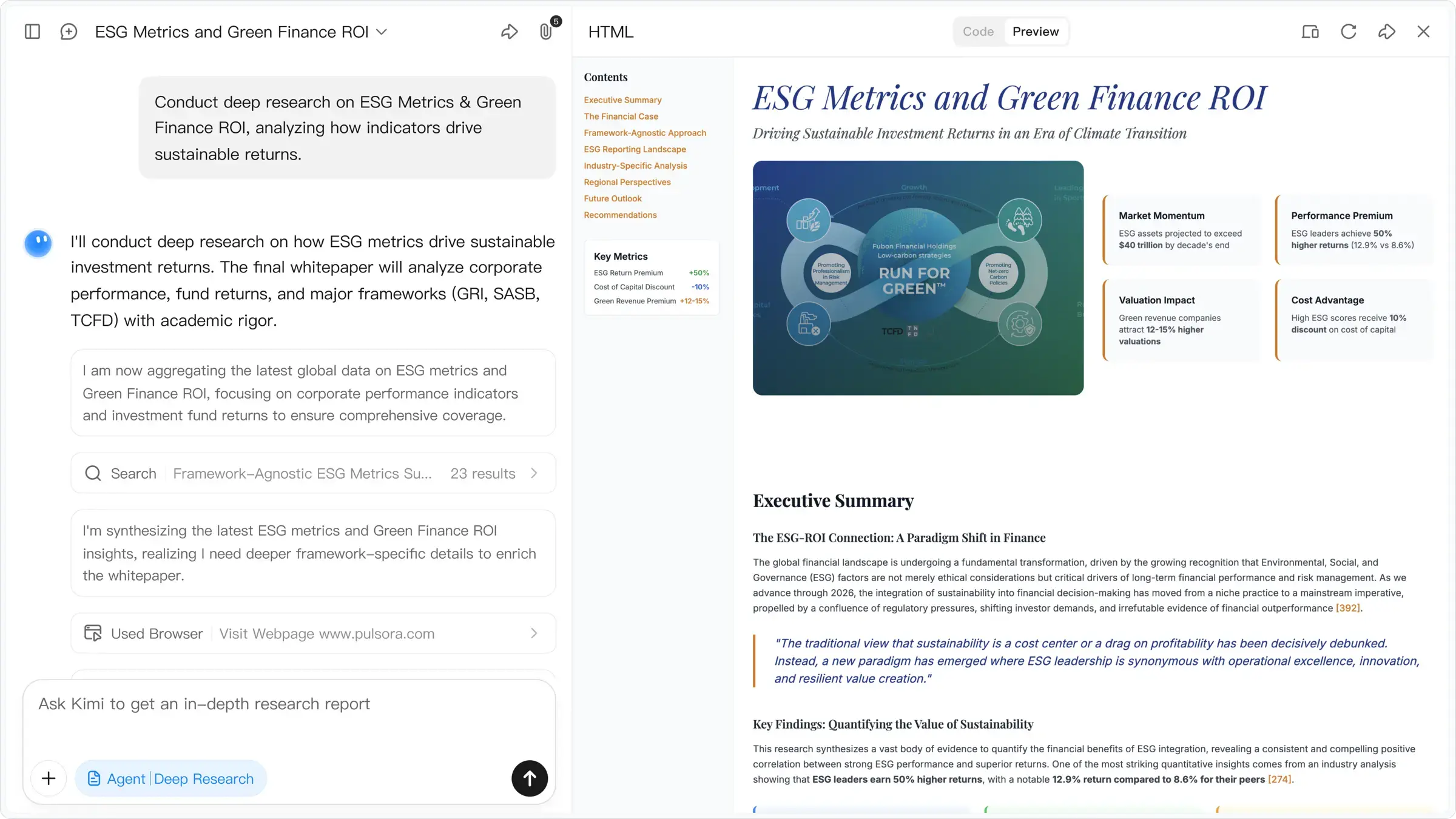 Kimi K2.5 conducting AI-powered deep research and analysis
