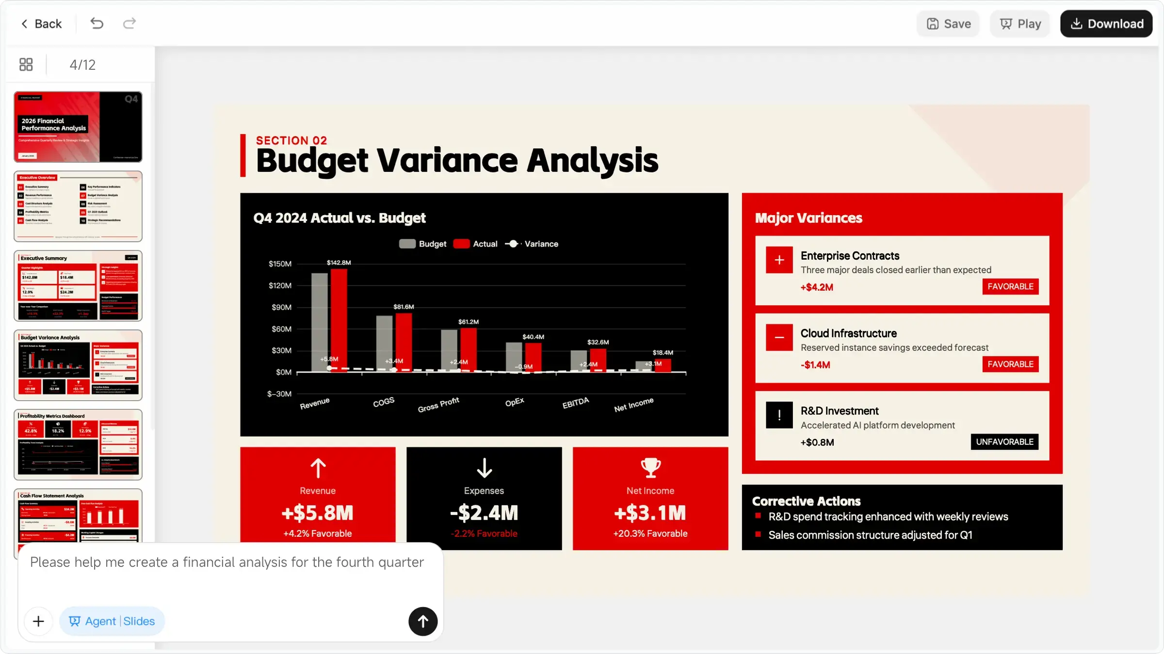 AI slides generator powered by Moonshot Kimi K2.5 creating complex slides about budget variance analysis