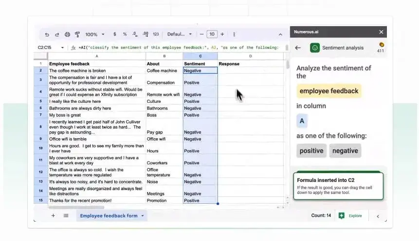 Interface of Numerous.ai AI tool for Excel