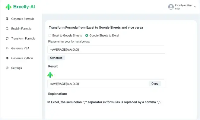 Interface of Excelly AI tool for Excel