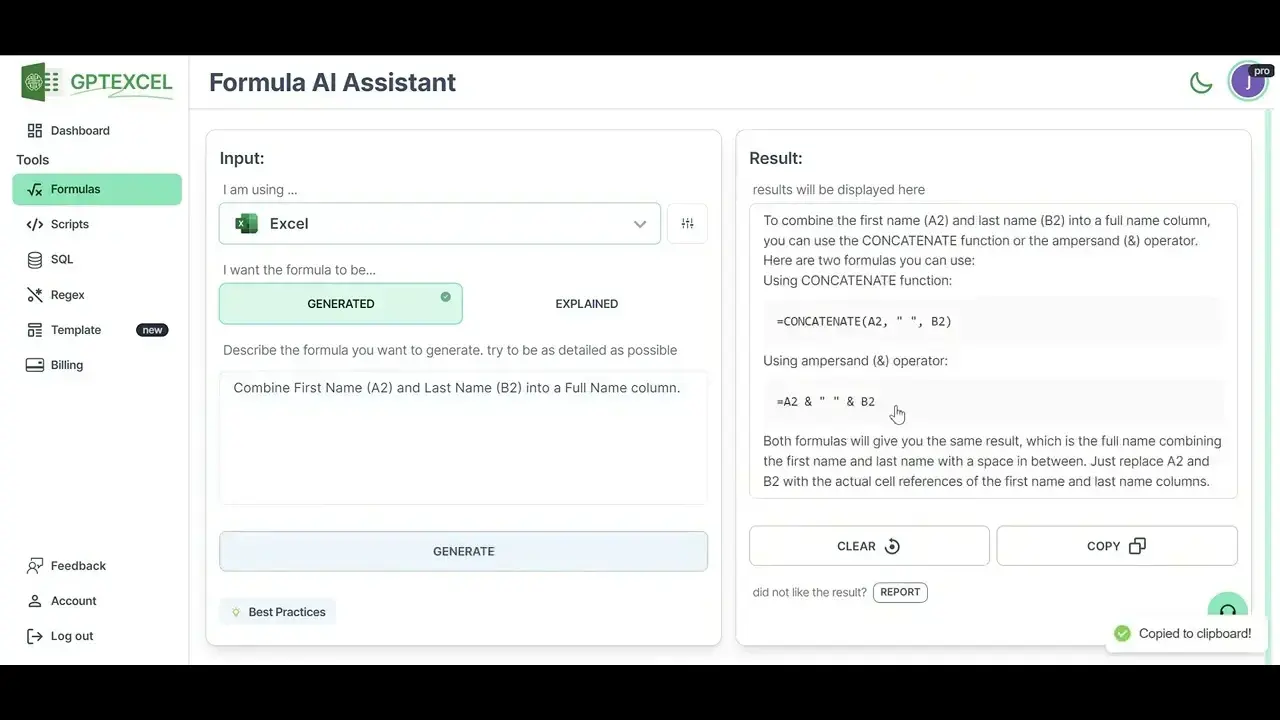 Interface of GPT Excel AI tool