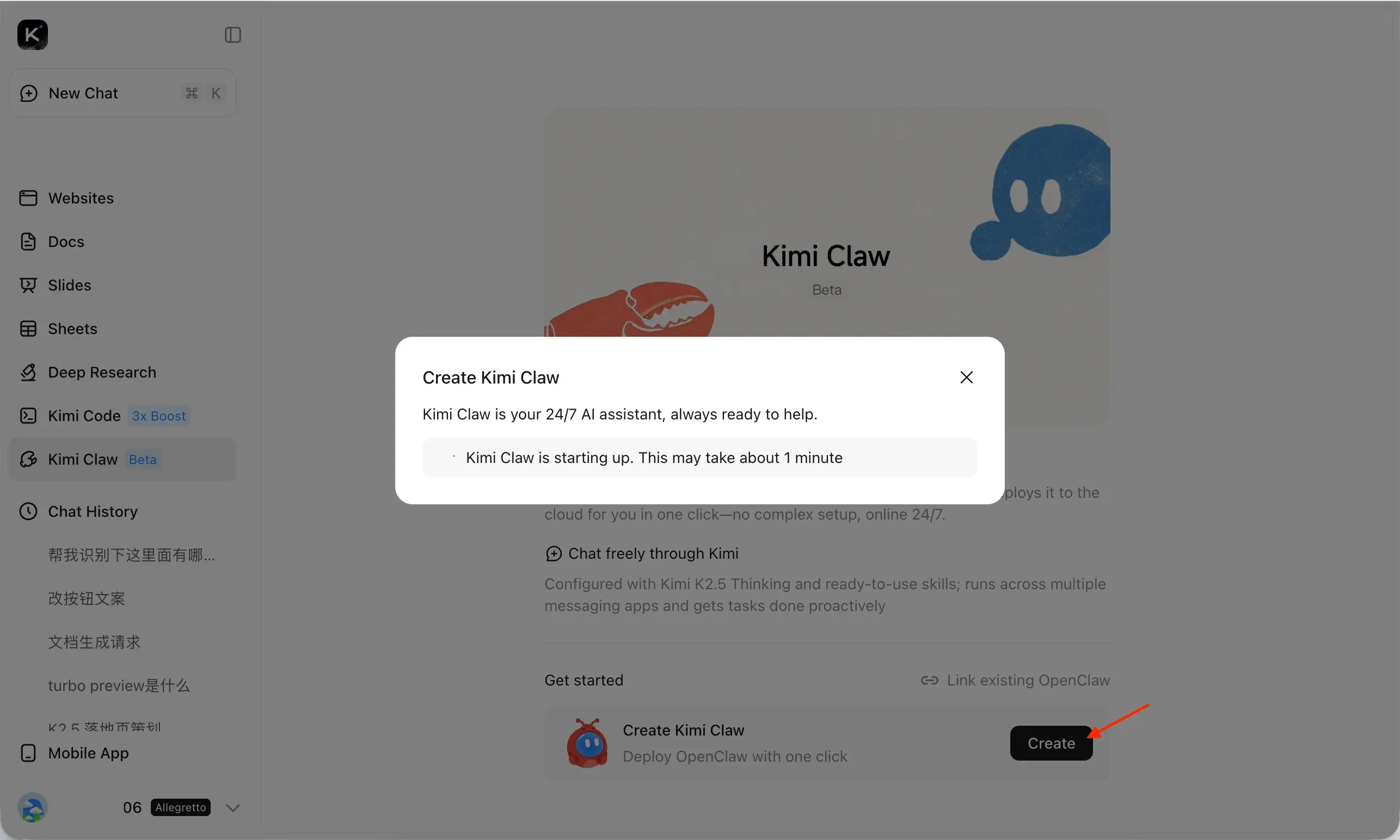 Create Kimi Claw interface showing one-click deployment and linking existing OpenClaw options