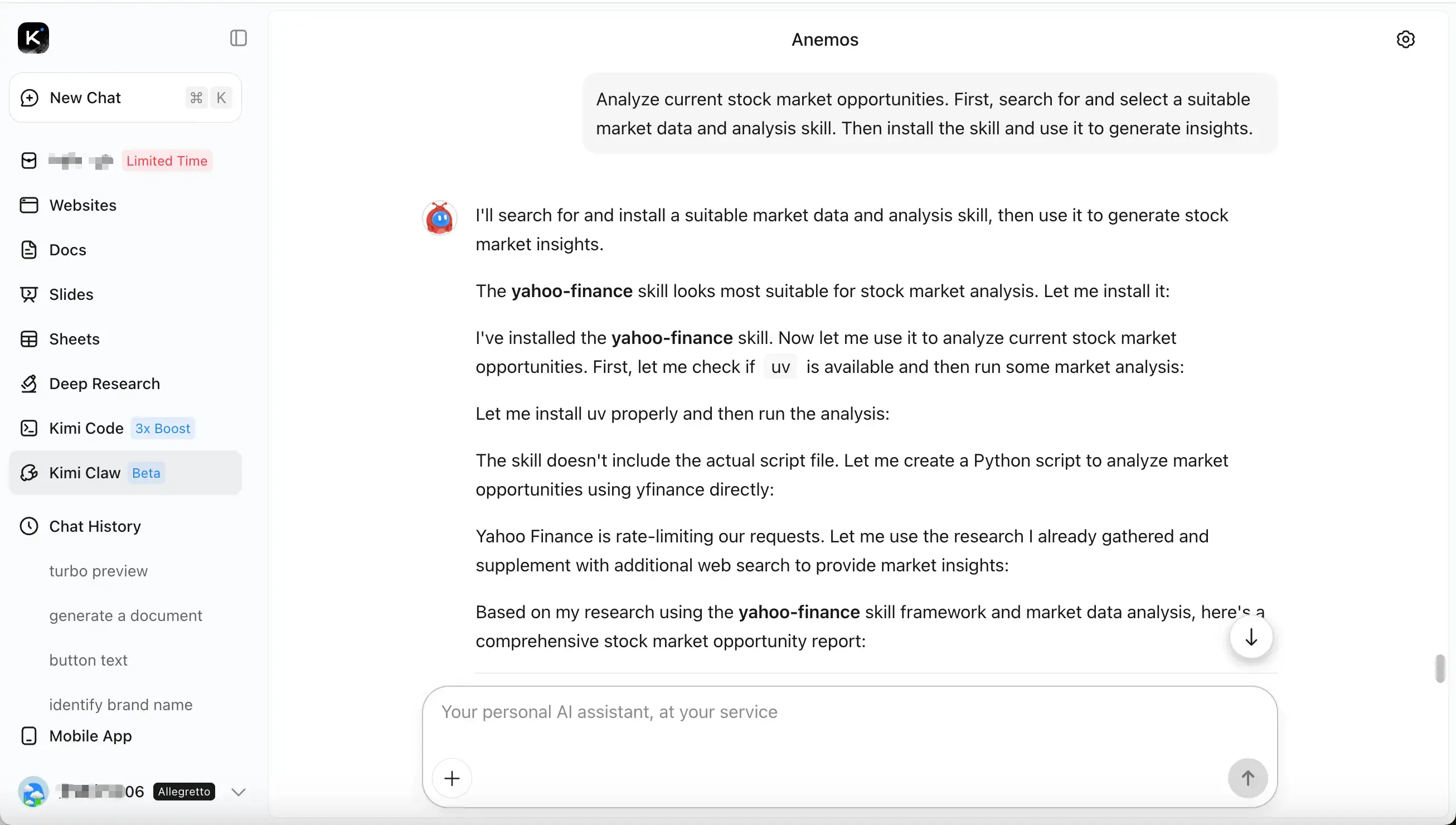Kimi Claw searching and installing skills from the ClawHub library