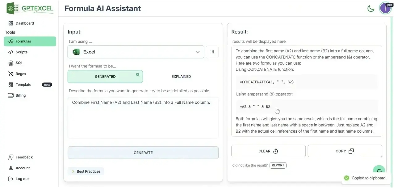 Interface of GPT Excel AI tool