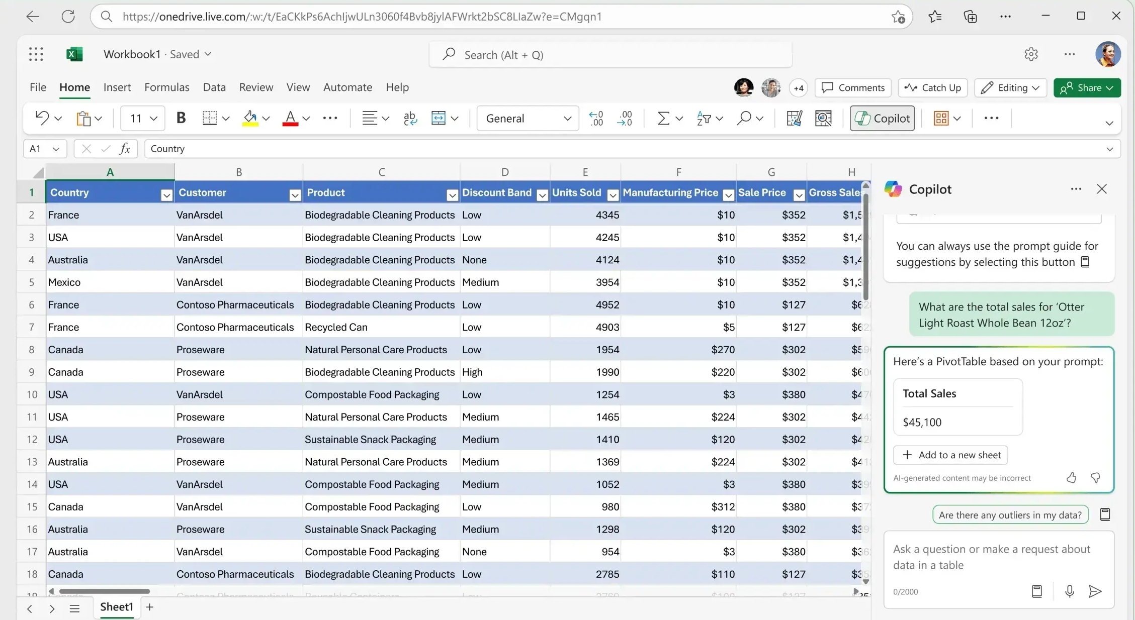 Interface of Microsoft Copilot AI Excel tool