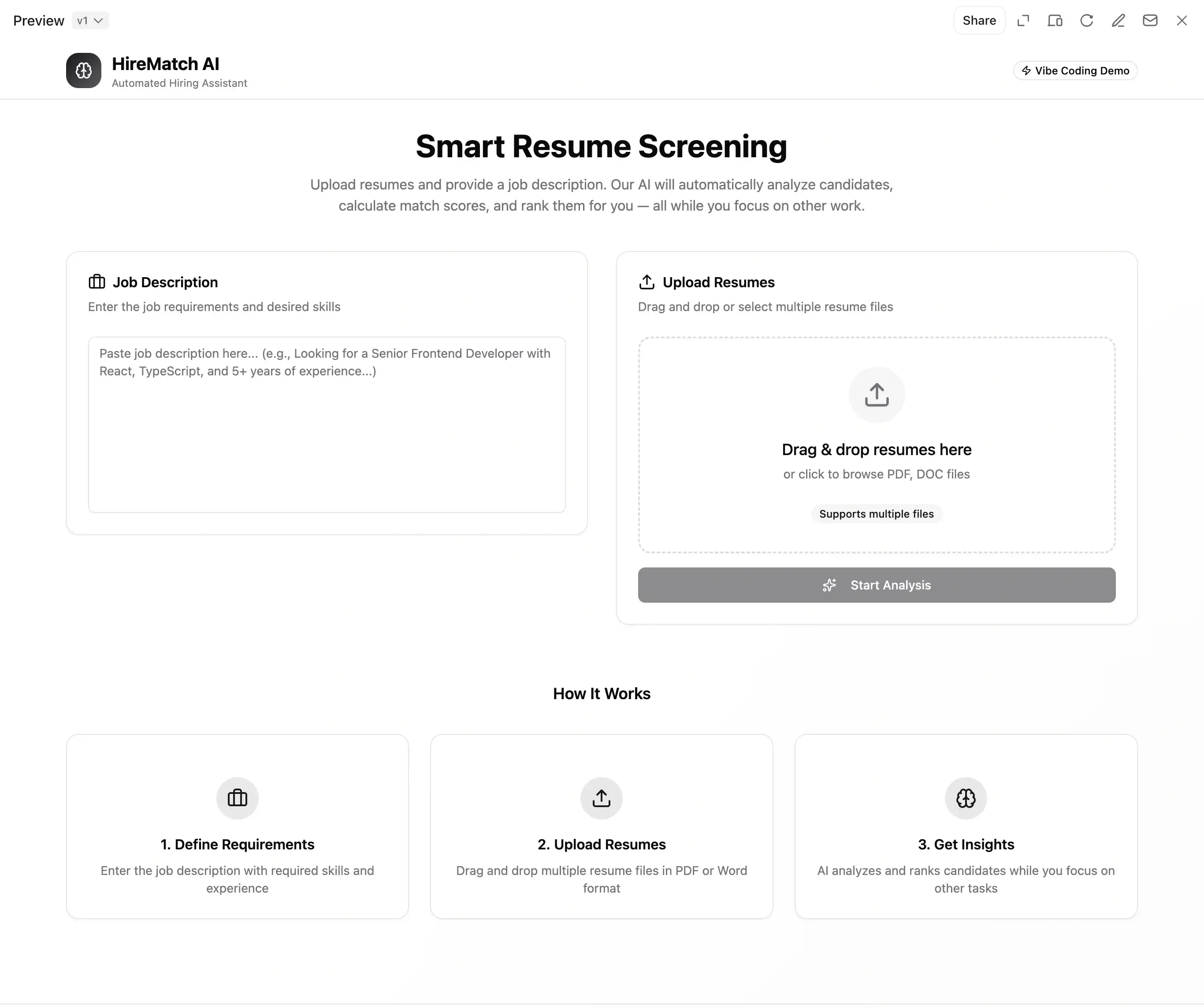 Resume scoring interface matching candidates to jobs, built with vibe coding