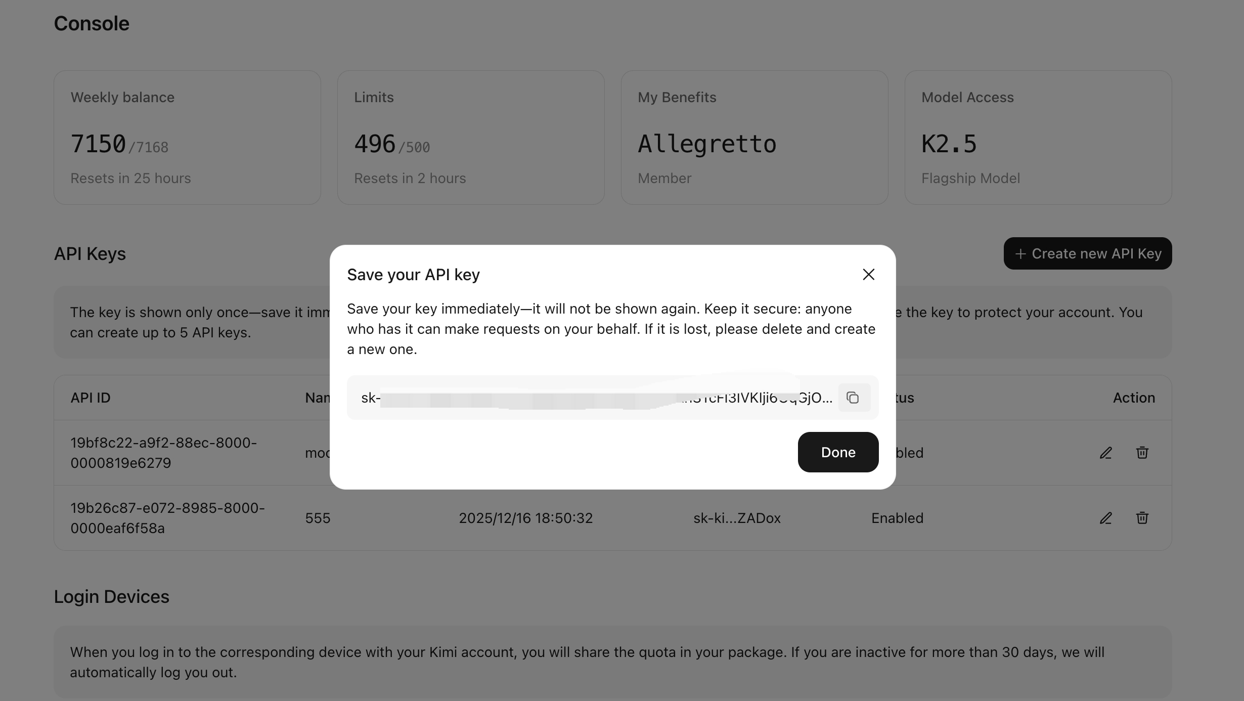 Kimi Code Console interface showing the generated API key with copy button