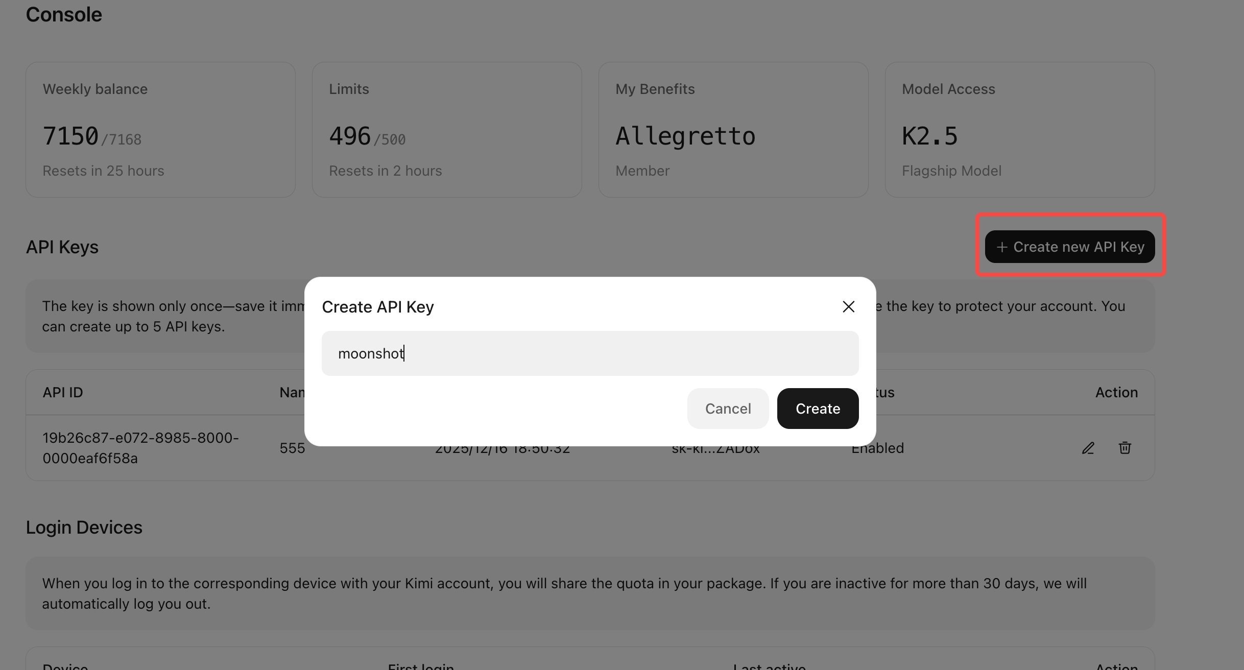Kimi Code Console interface showing API key creation form with name input field