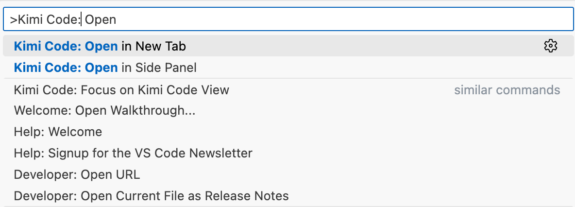 VS Code Command Palette showing Kimi Code commands for opening in tab and side panel