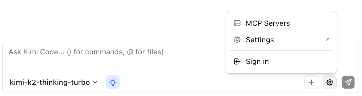 Kimi Code VS Code extension gear icon menu showing settings and MCP server options