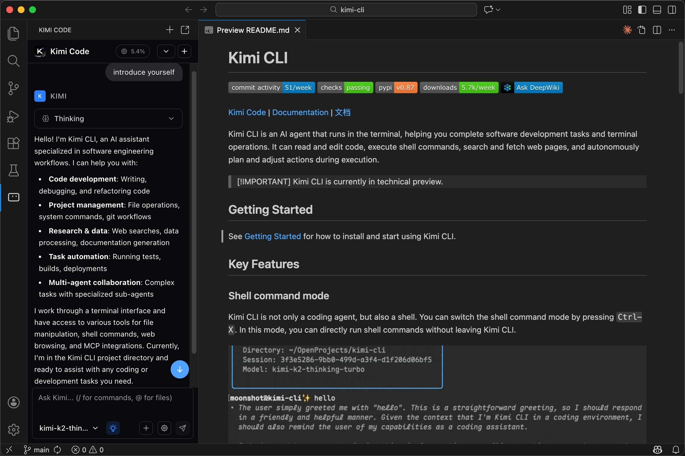 Kimi Code VS Code extension interface showing chat panel and code editing features