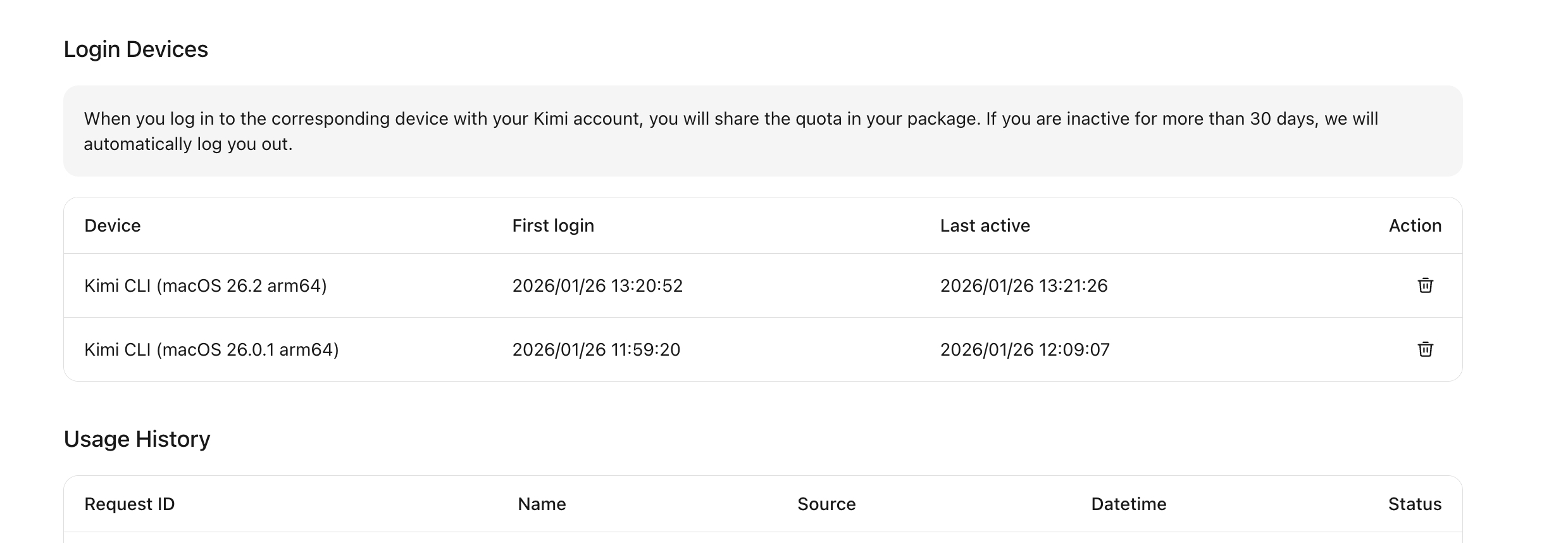 Kimi Code device management interface showing authorized devices with expiration dates and security settings