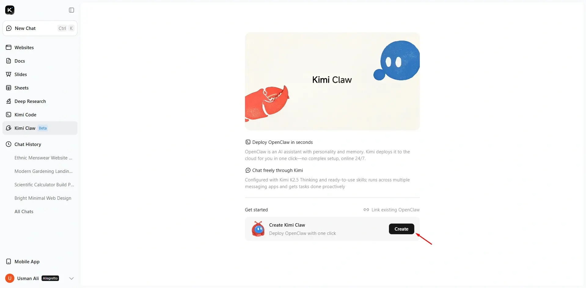 Kimi Claw cloud deployment screen showing create and link options for OpenClaw