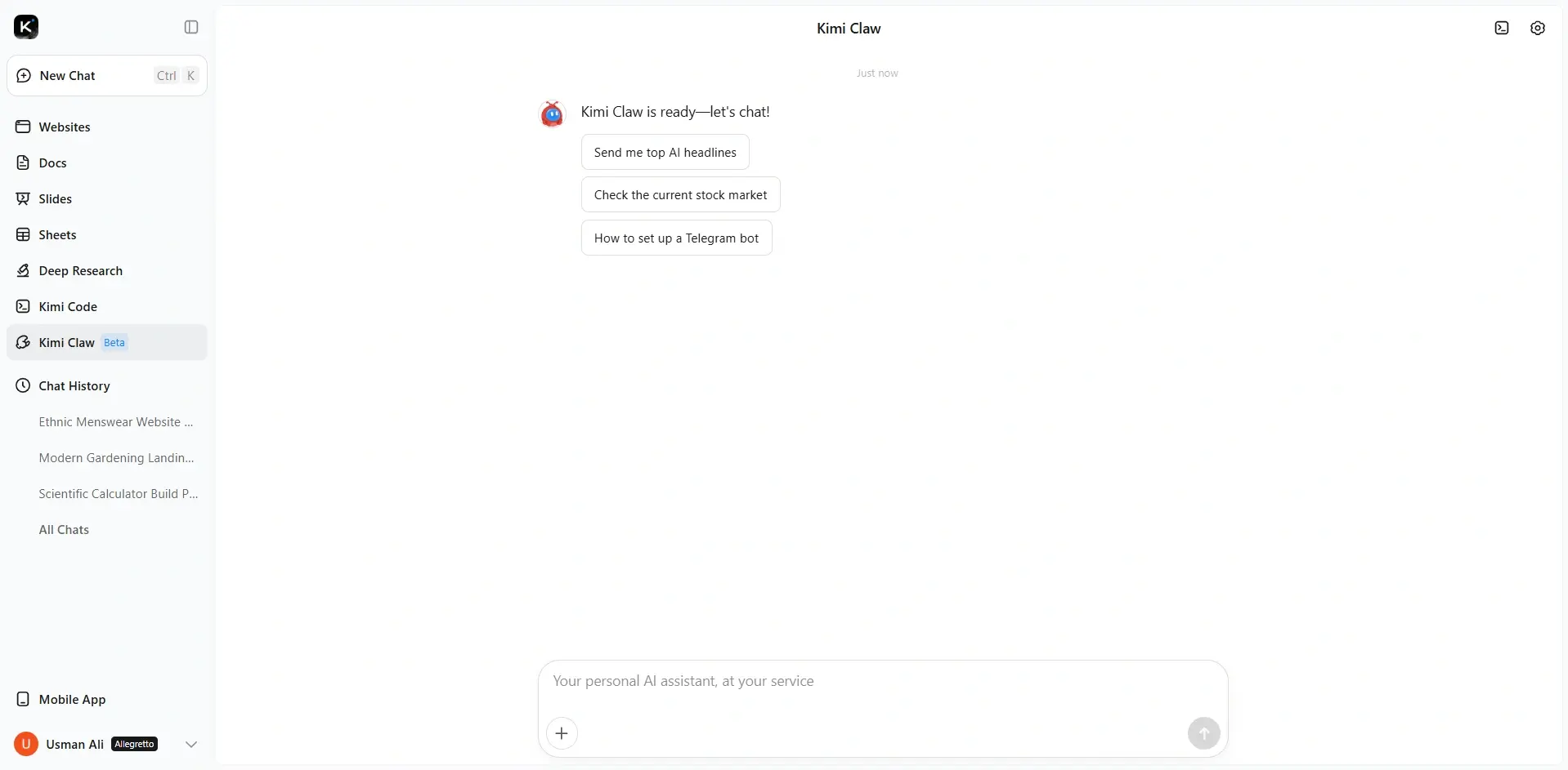 Start working with Kimi Claw