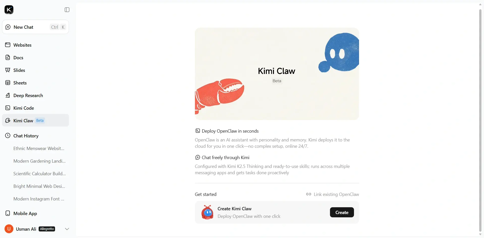 Interface of Kimi Claw