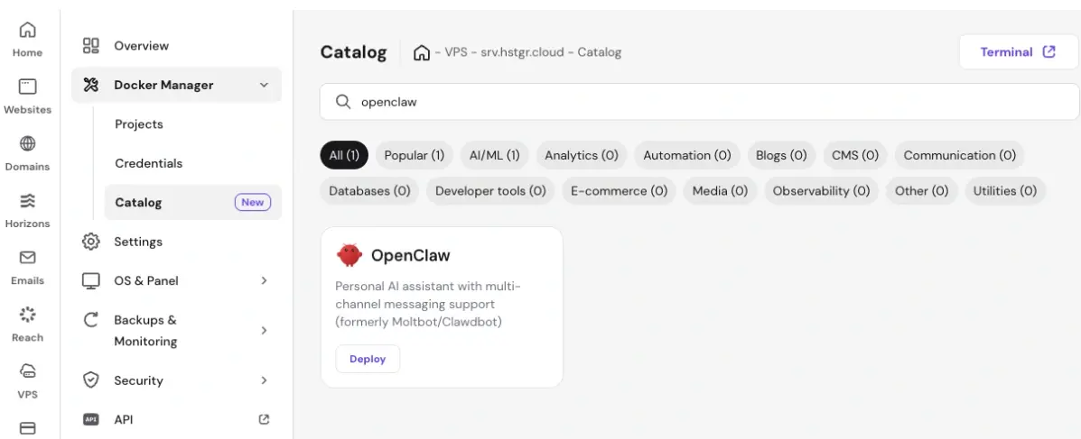 Hostinger VPS setup page