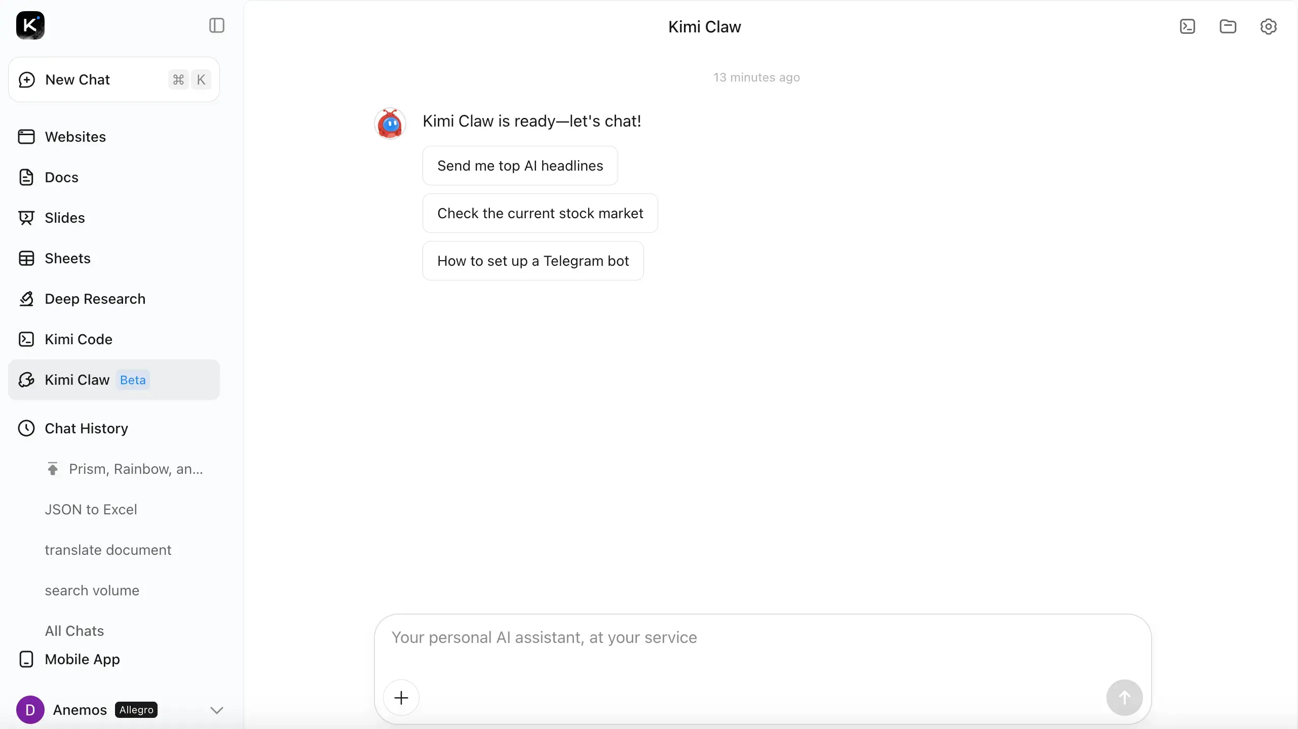 Access the Kimi Claw workspace