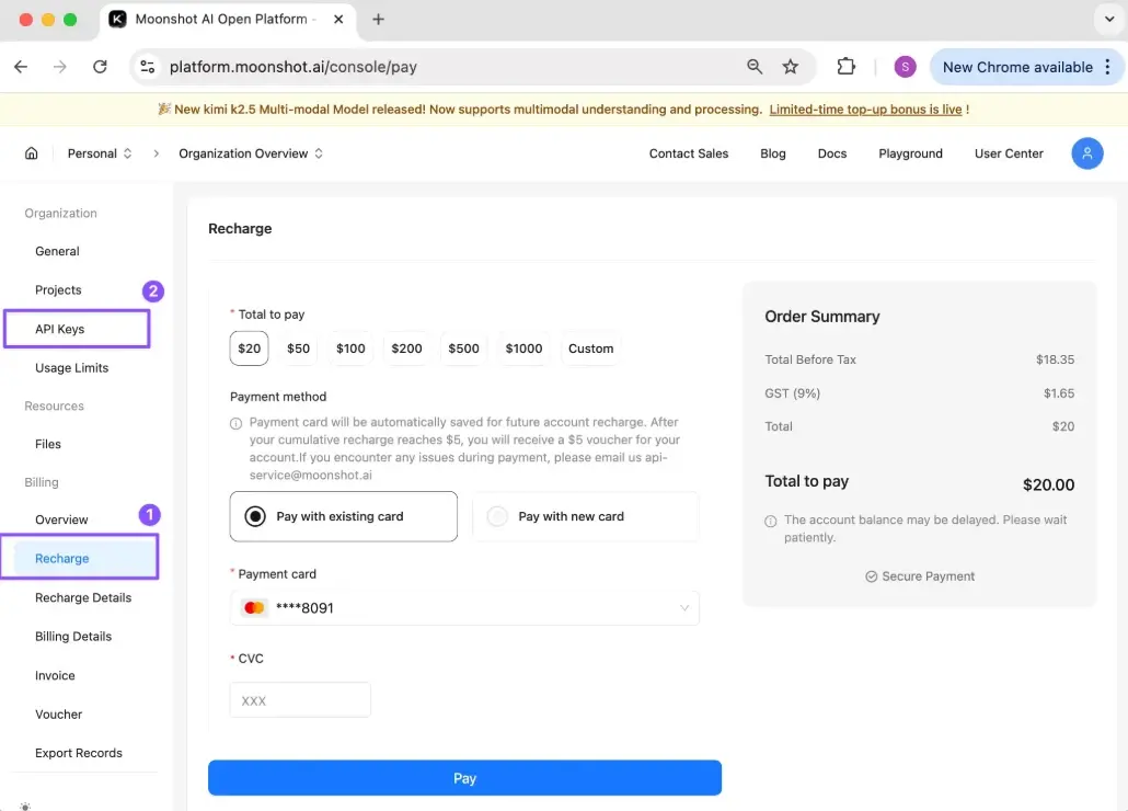 Kimi API platform showing recharge options and API key creation for OpenClaw
