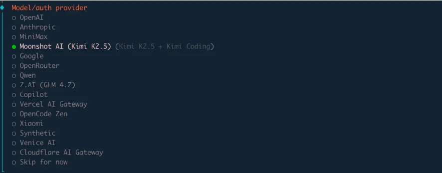Onboarding: Kimi K2.5 selected