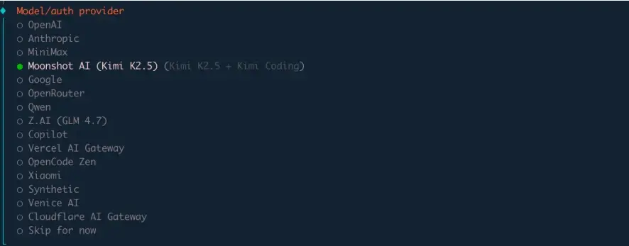 Select Moonshot AI (Kimi K2.5)