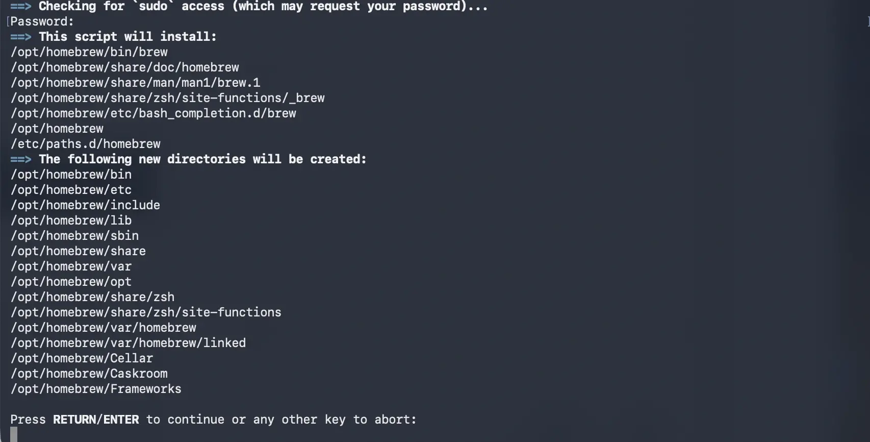 Homebrew installation process showing files and directories to be created