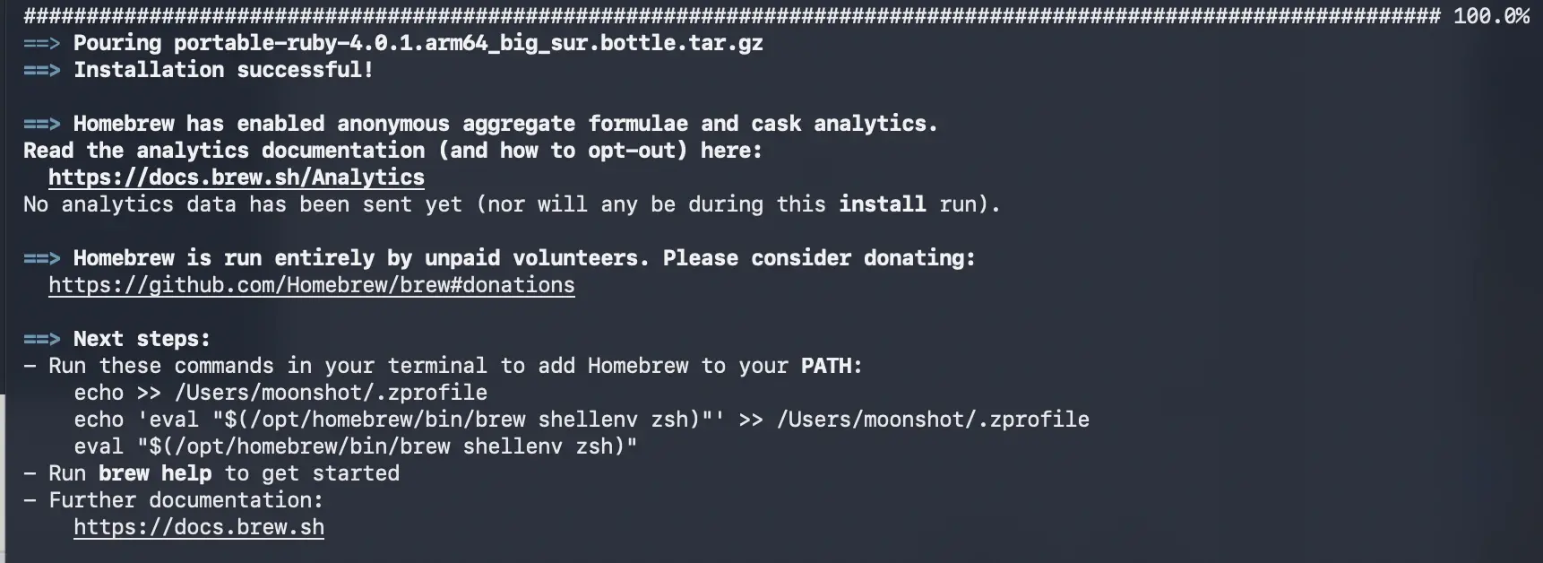 Homebrew installation completed successfully with next steps in Terminal