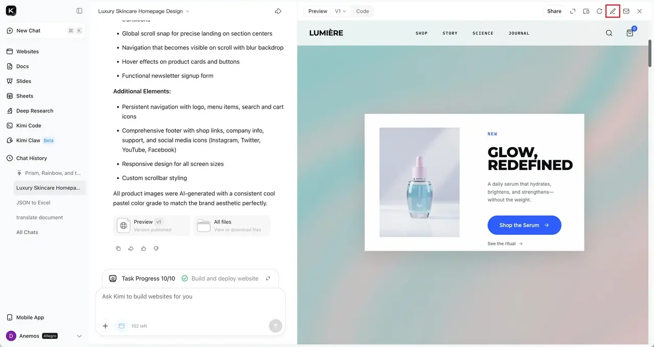How to design a website from scratch: Refining the website design with Kimi - step1