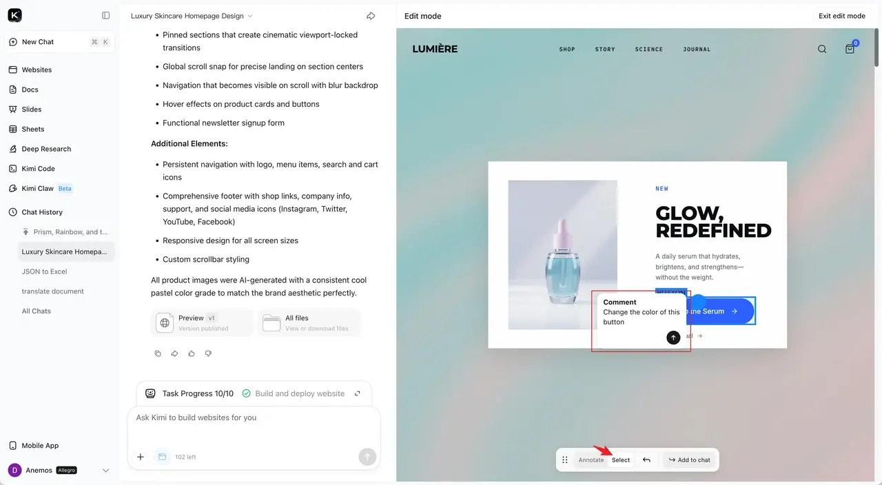 How to design a website from scratch: Refining the website design with Kimi - step2