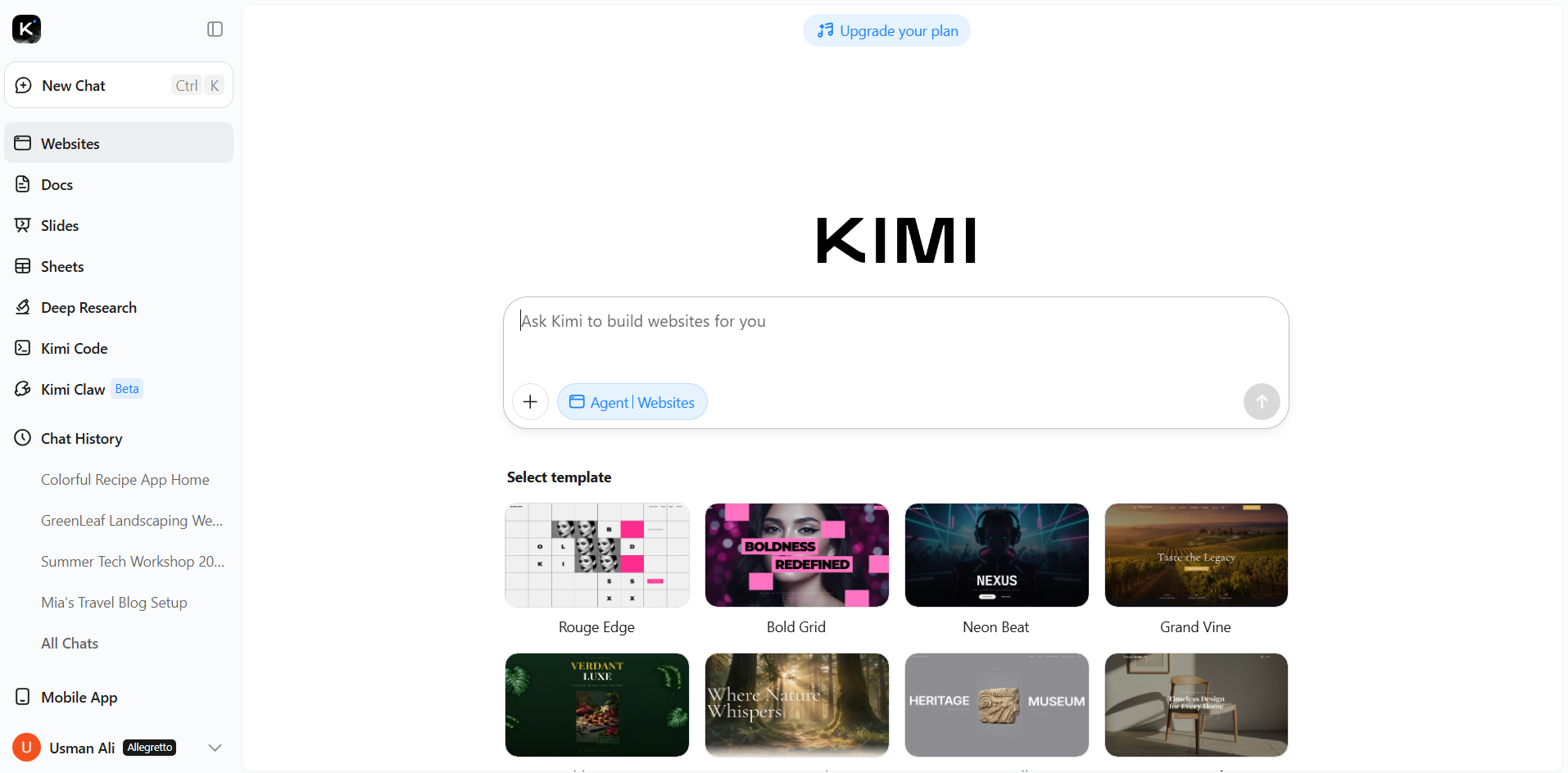 Interface of Kimi Websites