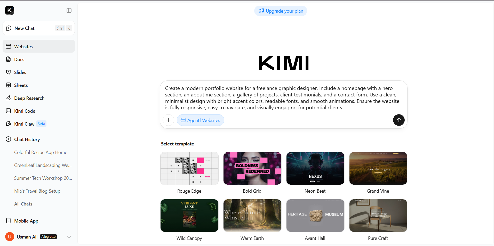 Access Kimi and input website details for building an internet site