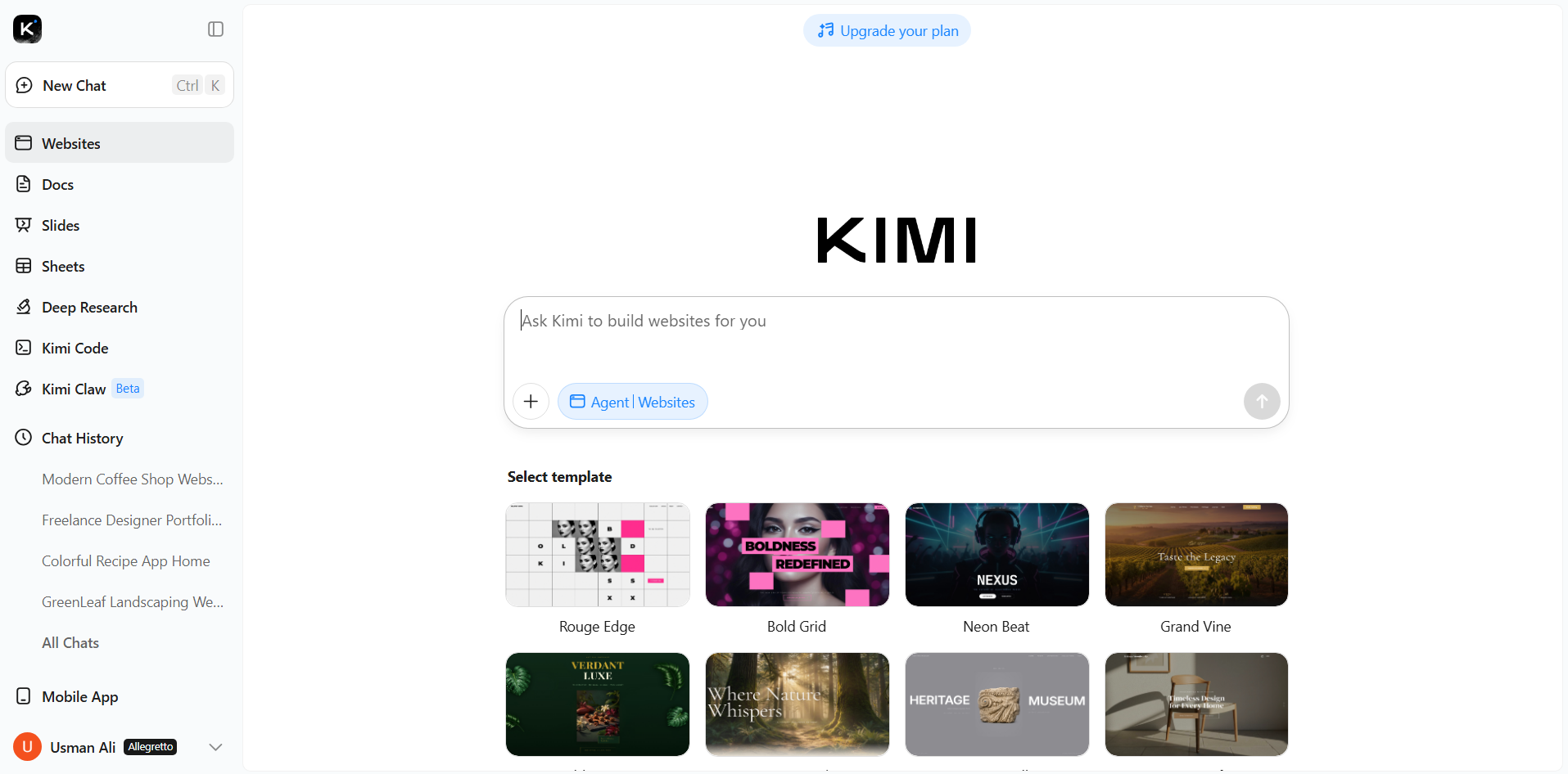 Kimi's easy site builder interface