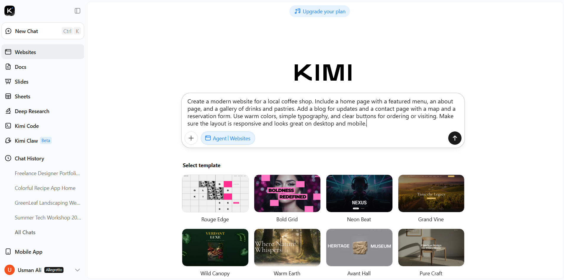 Share your website idea with Kimi easy site builder