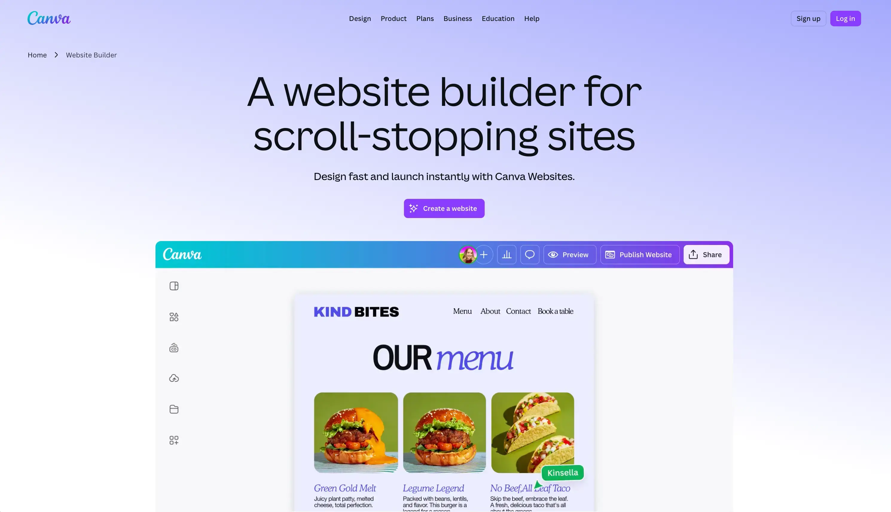 Interface of Canva's website builder