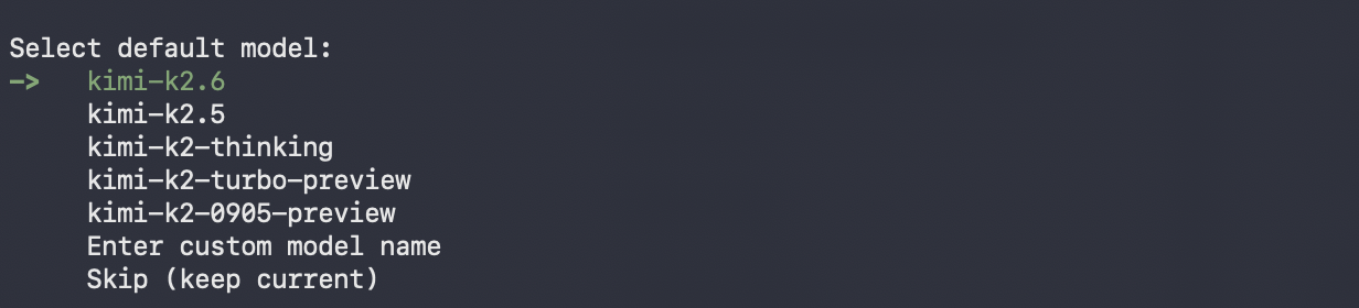 Select Kimi K2.6 as the default model