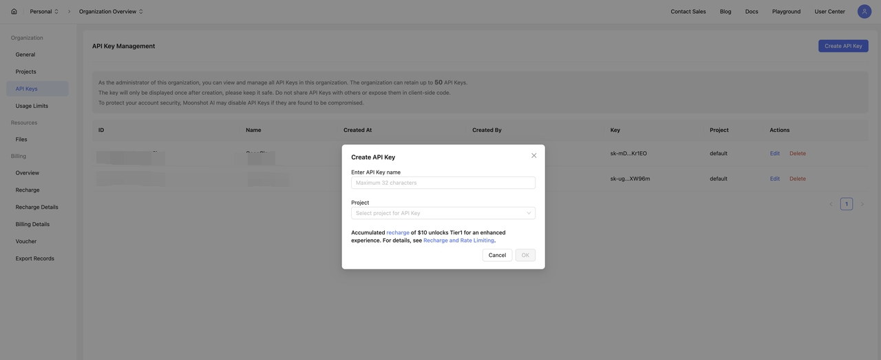 Create a Kimi API key