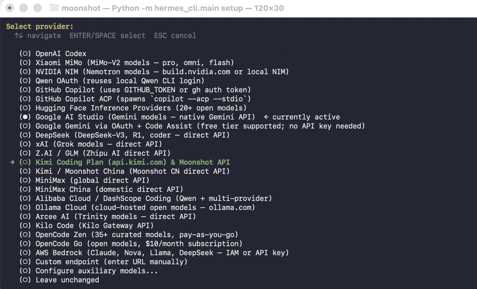 Select Kimi as the provider