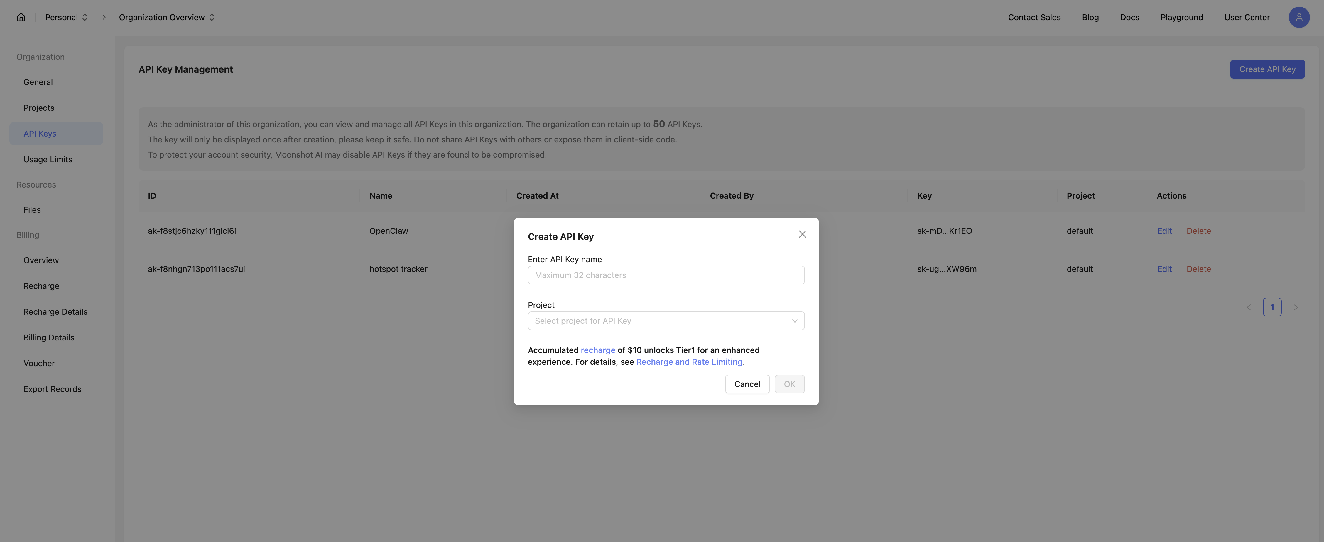 Create a Kimi API key