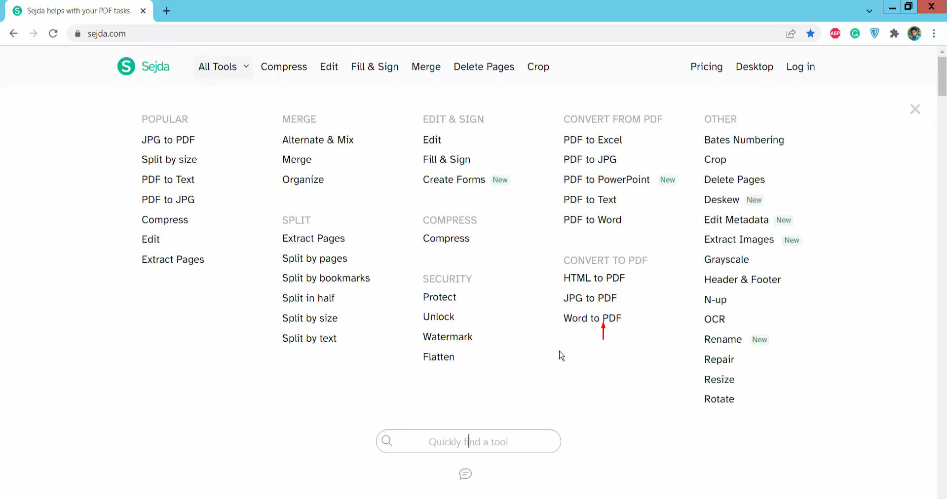 Select the Word to PDF tool