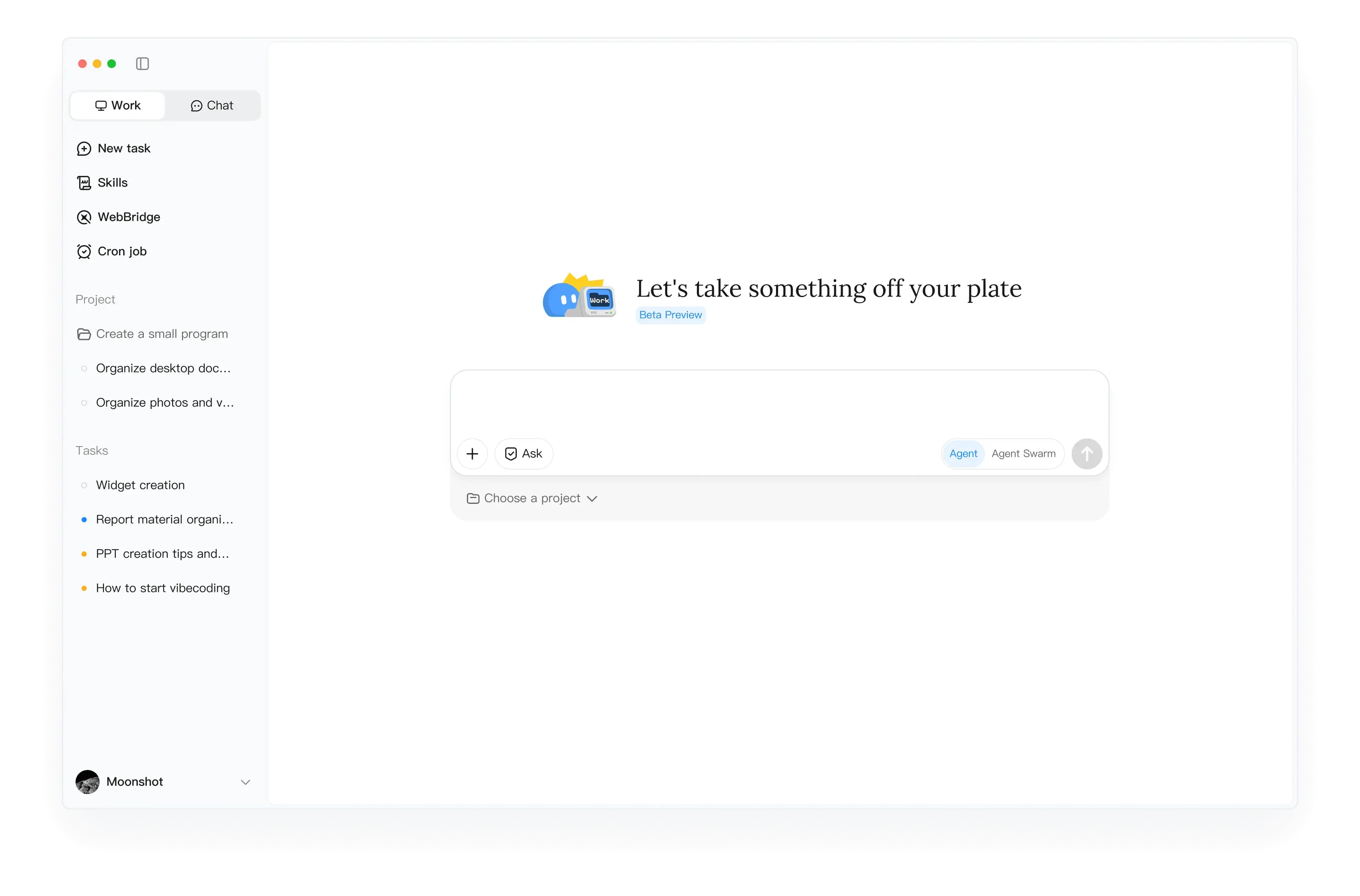 Interface of the local AI agent - Kimi Work