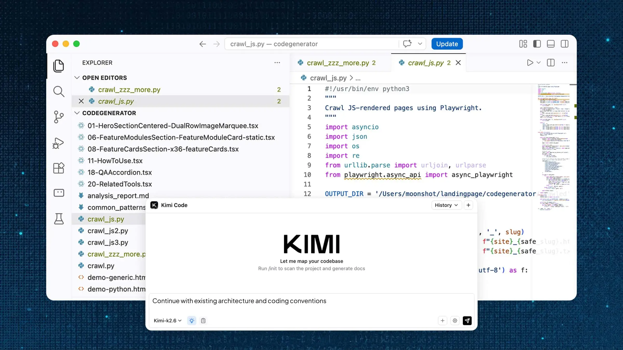 Kimi Code reading a HTML code repository and editing project files