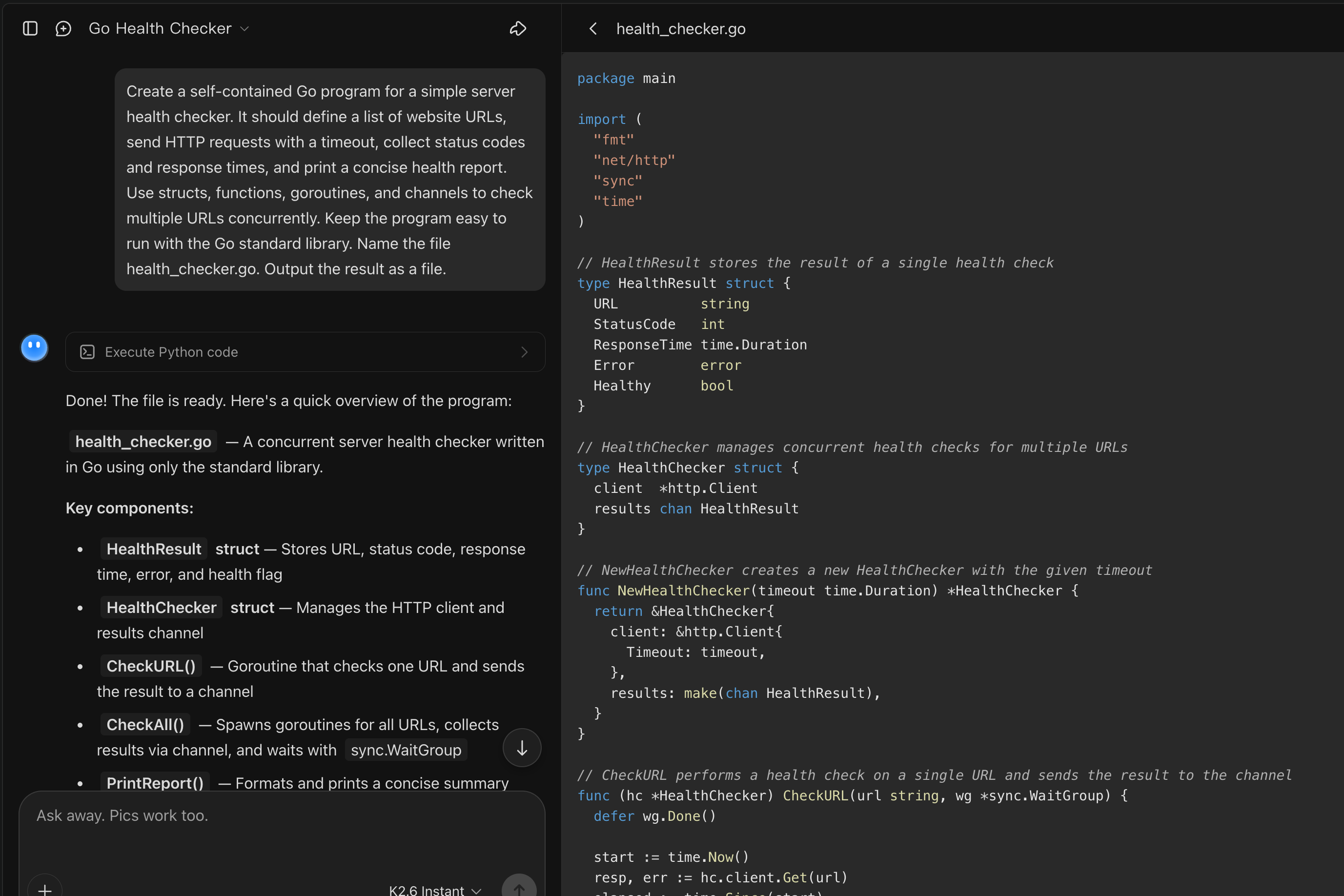 Kimi AI Go code generator creating structured Go code from a prompt
