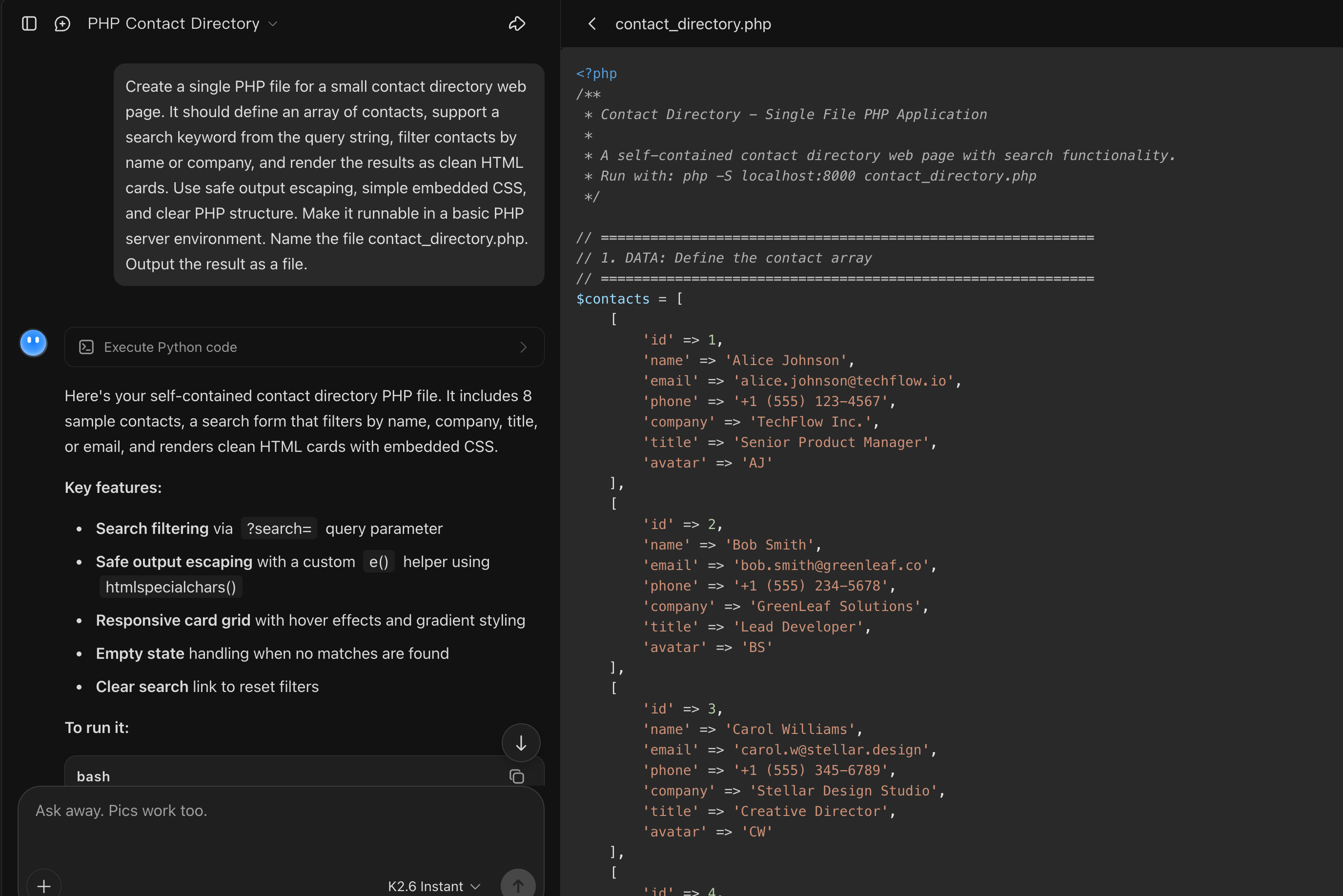 Kimi AI PHP code generator creating structured PHP code from a prompt