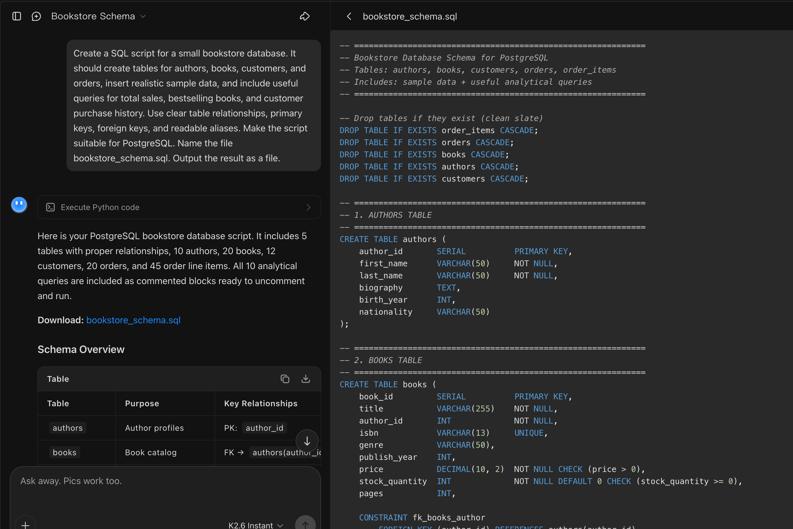 Kimi AI SQL code generator creating structured SQL code from a prompt