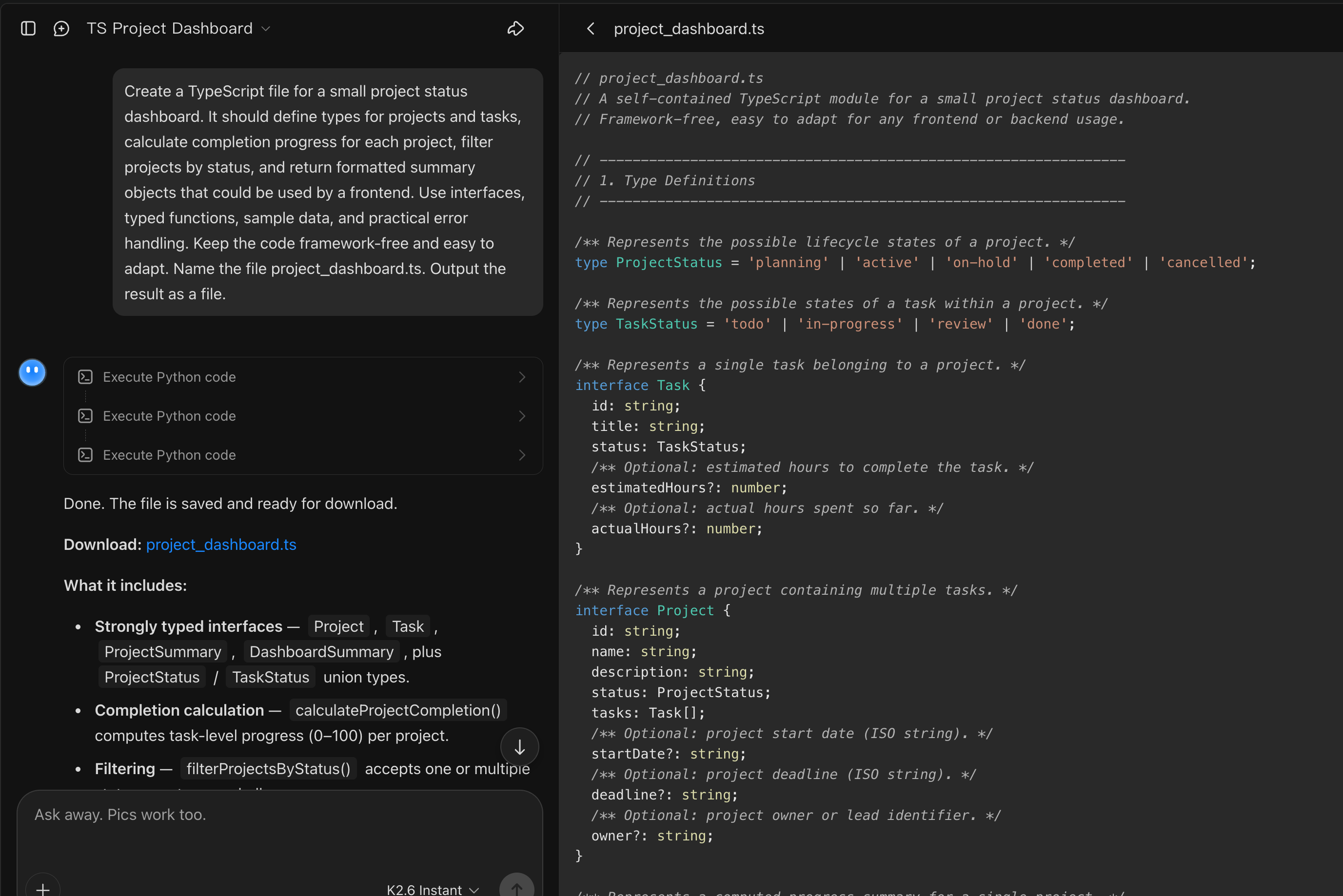 Kimi AI TypeScript code generator creating structured TypeScript code from a prompt