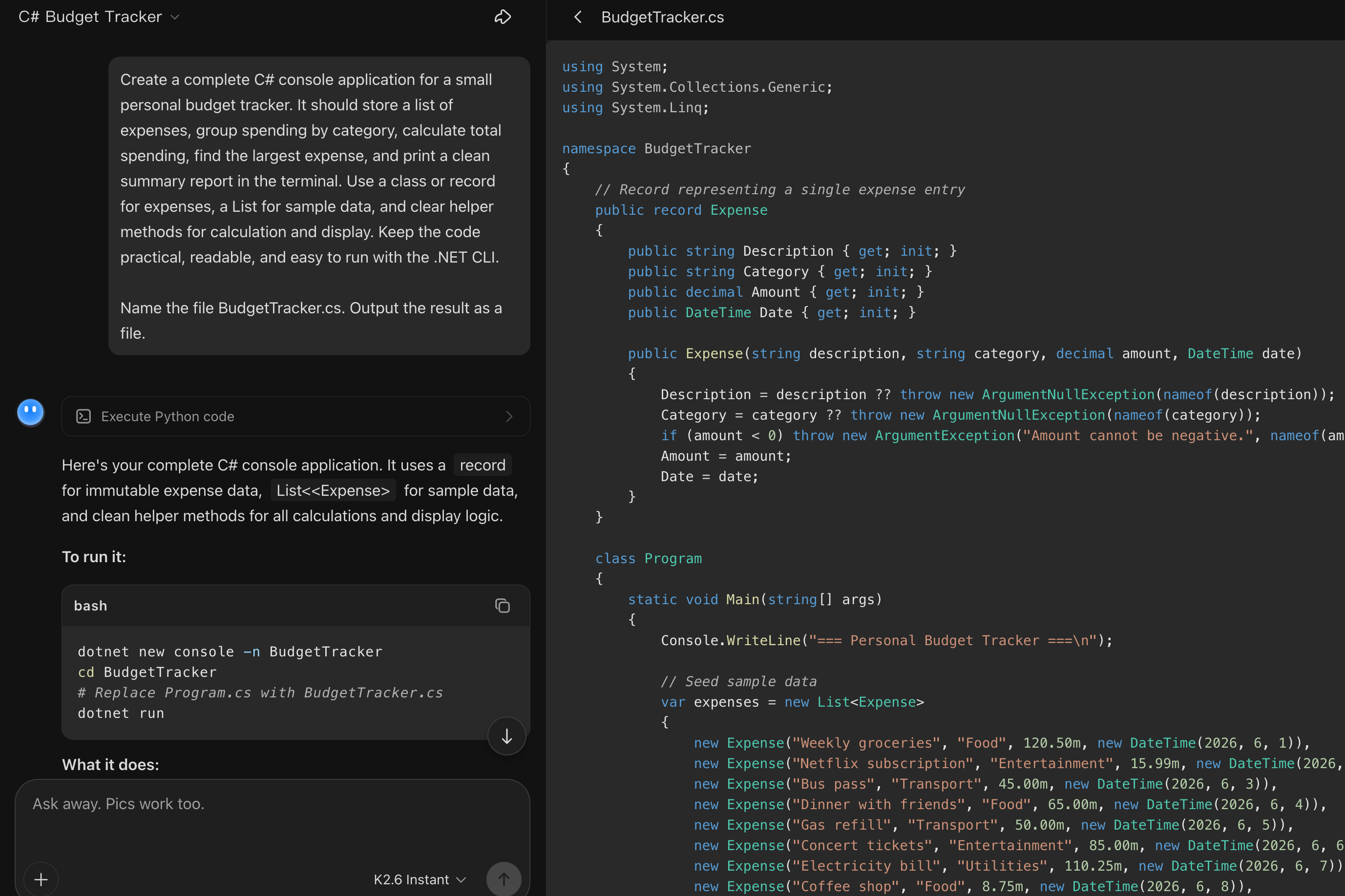 Kimi generating C# code from a natural language description