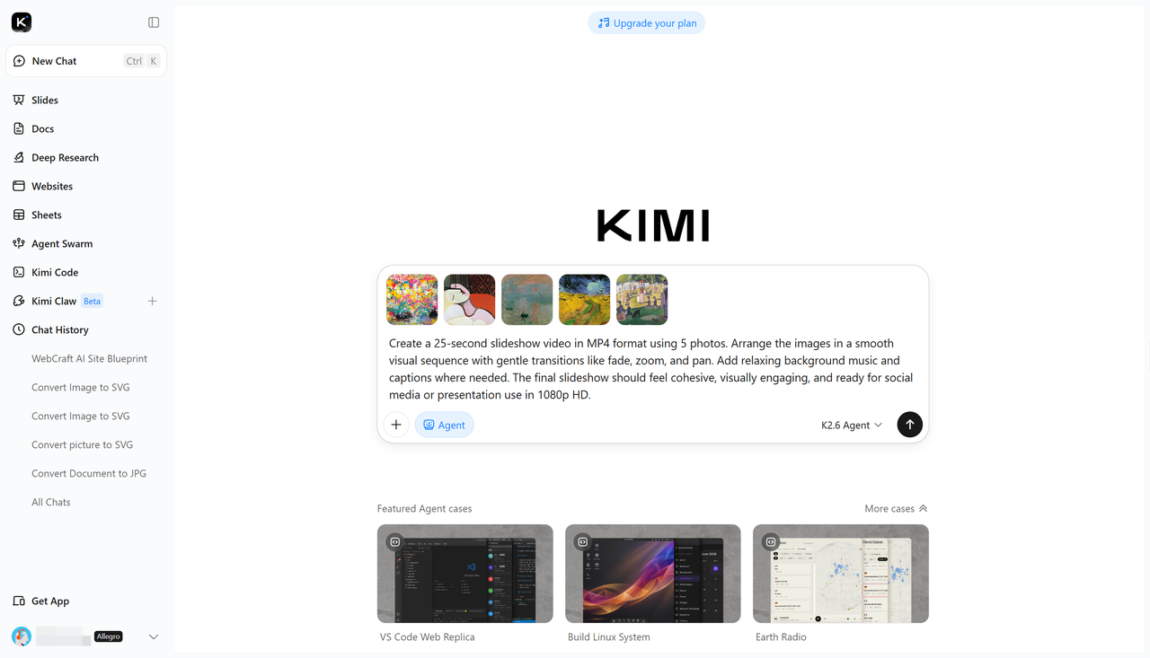 Upload images and enter a prompt in Kimi AI Agent
