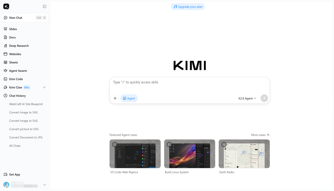 Kimi AI Agent interface showing uploaded images and generated slideshow preview